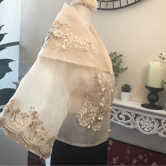 Cream Beige Piña Organza Maria Clara Filipiniana blouse w/ classic embroidery - Picture 7 of 17
